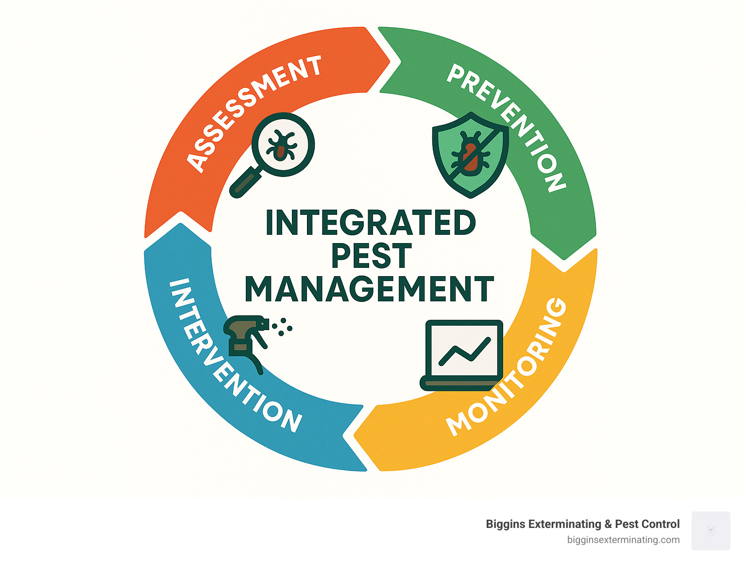 Integrated Pest Management cycle showing assessment, prevention, monitoring, and intervention steps - Exterminators Andover MA infographic
