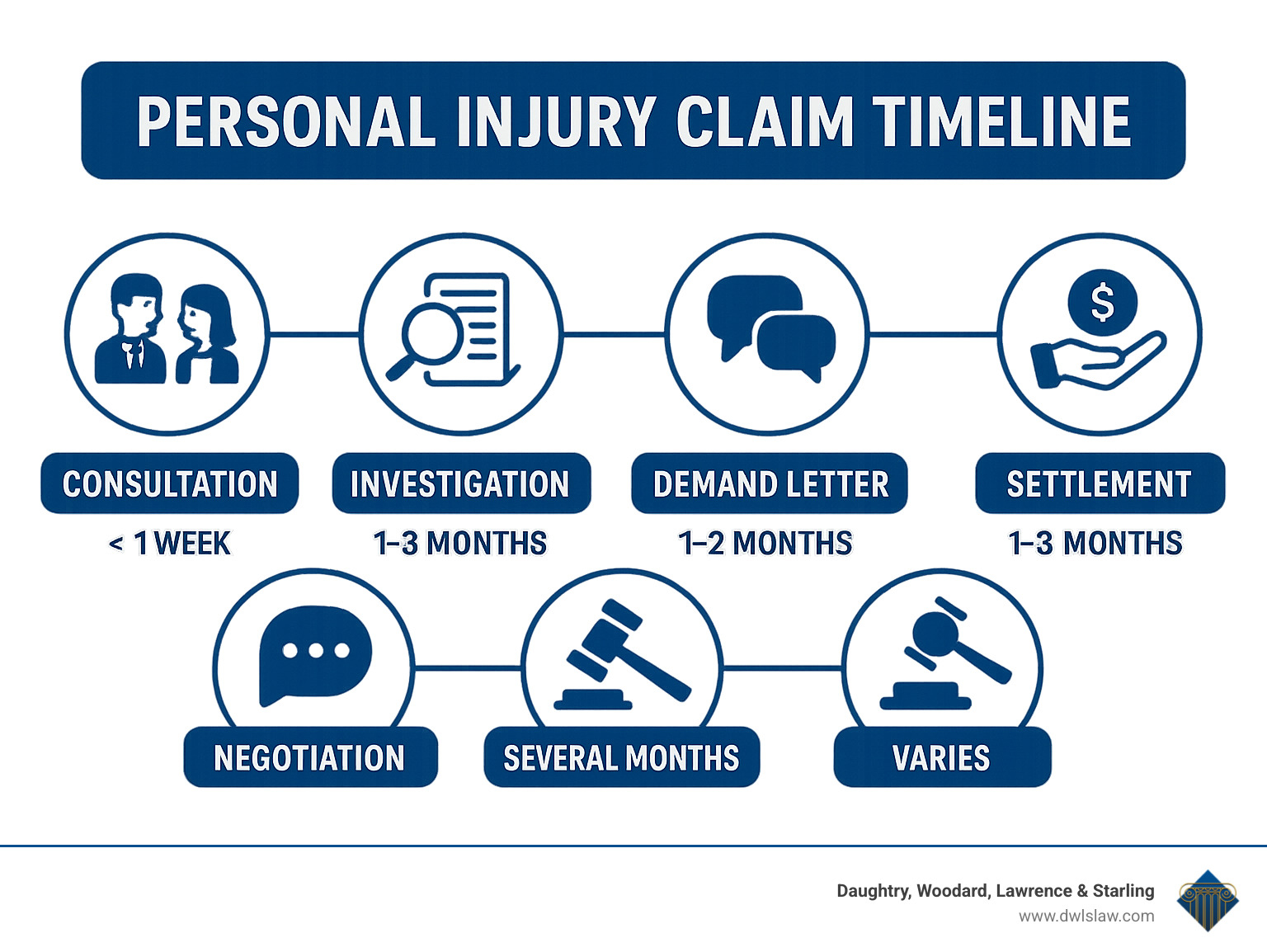 Personal injury claim timeline showing consultation, investigation, demand letter, negotiation, possible litigation, and settlement phases, with average timeframes for each step - accident injury law firm infographic