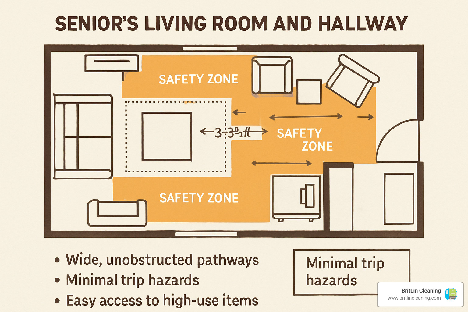 Floor plan showing furniture arrangement with clearly marked safety zones and pathways - decluttering services for seniors