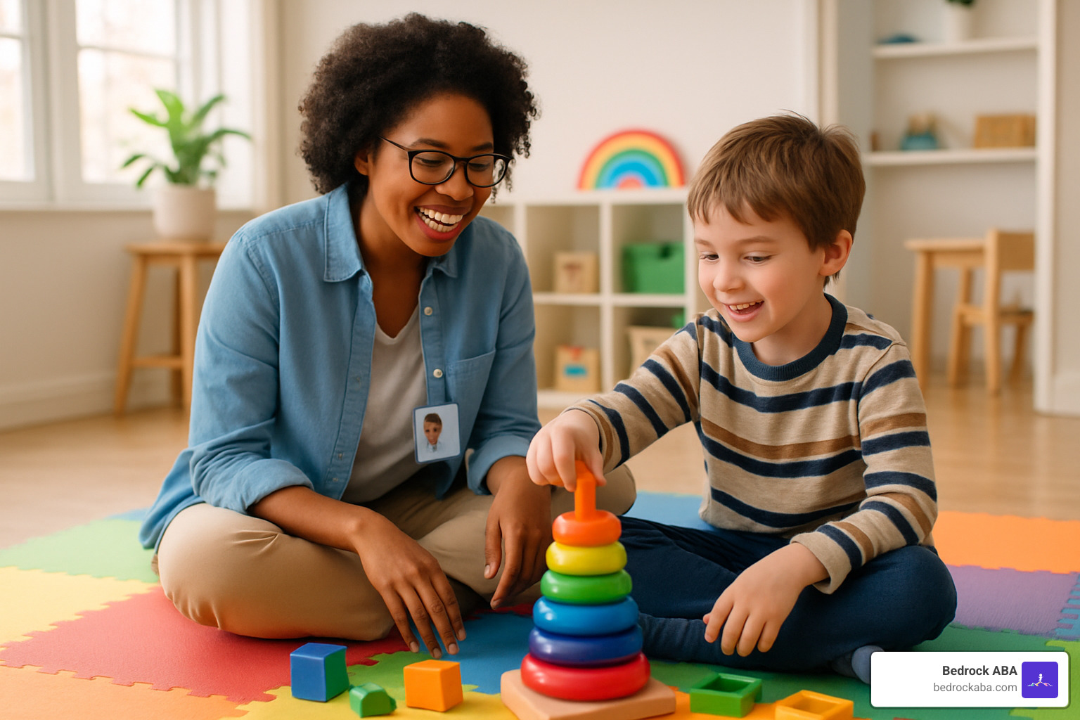 ABA therapist working with child on floor with toys - aba therapy for autistic kid ABA therapist working with child on floor with toys - aba therapy for autistic kid