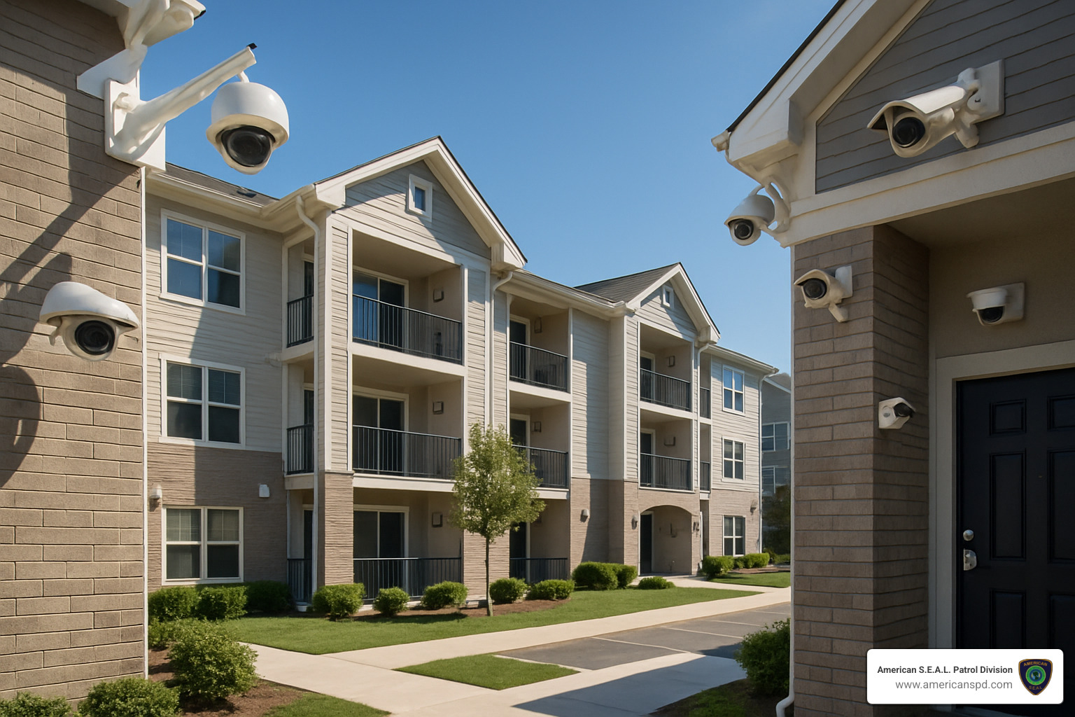 secure apartment complex with visible security cameras - Apartment security camera solutions