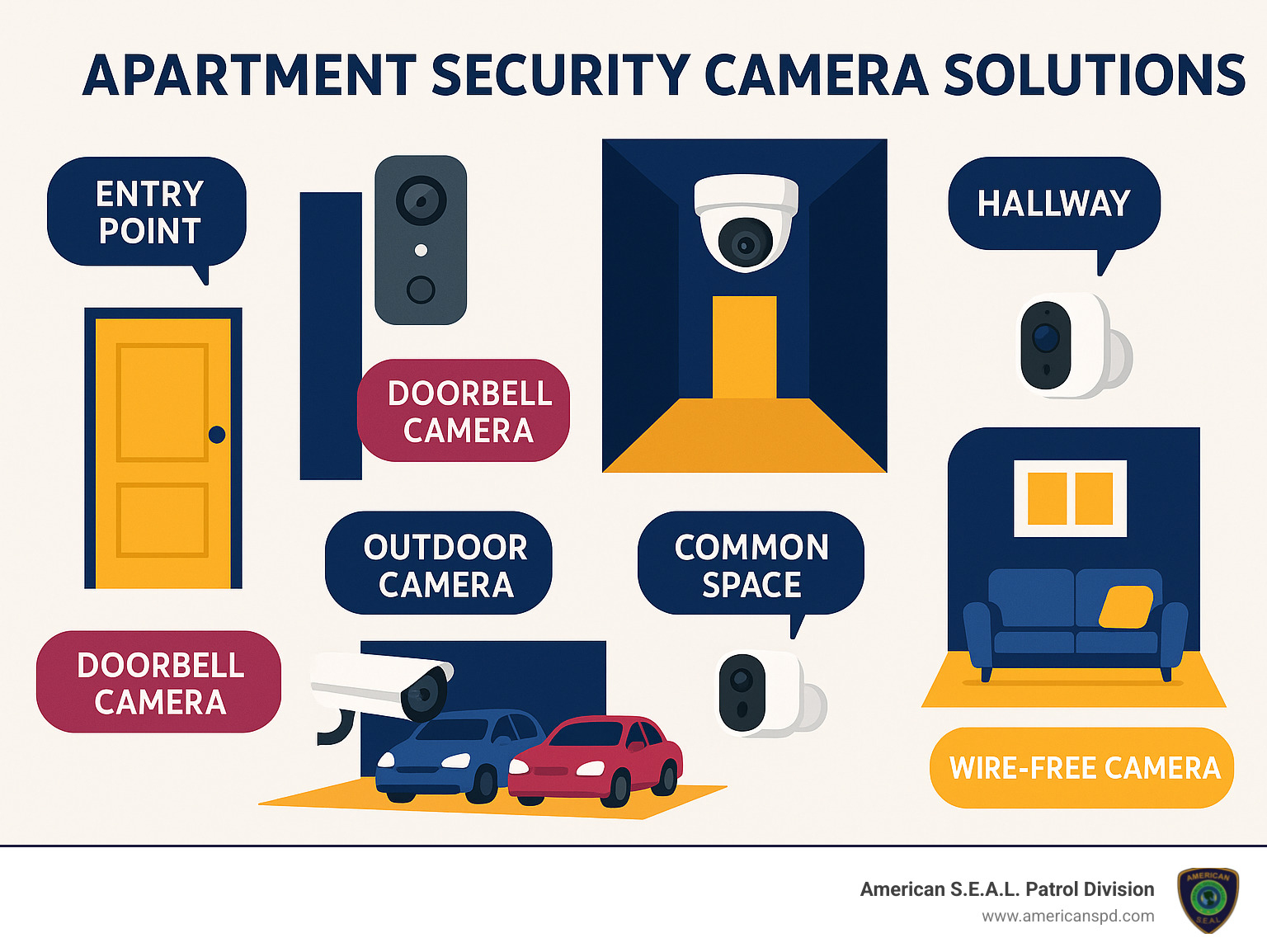 Comprehensive infographic showing apartment security camera placement options including entry points, hallways, parking areas, and common spaces with recommended camera types for each location - Apartment security camera solutions infographic 