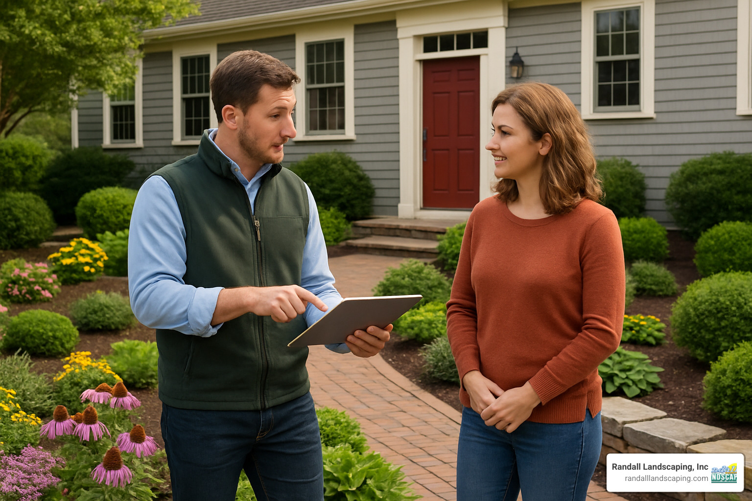 landscape designer consulting with homeowner - landscape design methuen ma