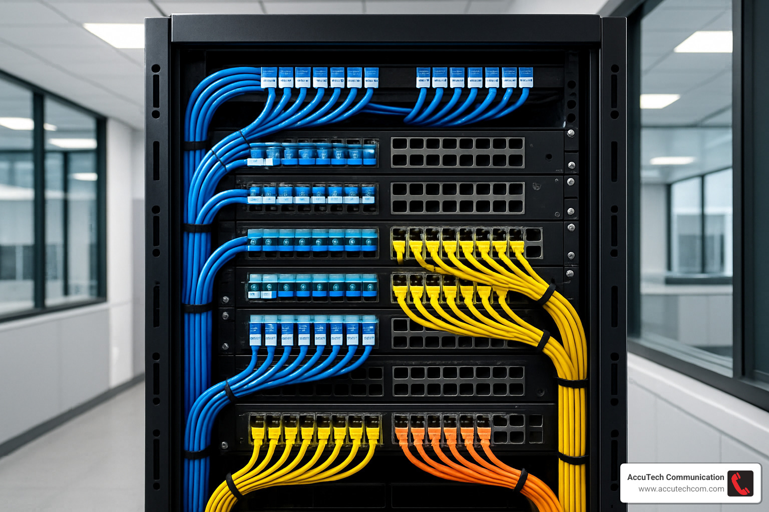 organized server rack with proper cable management - Business Cabling Services