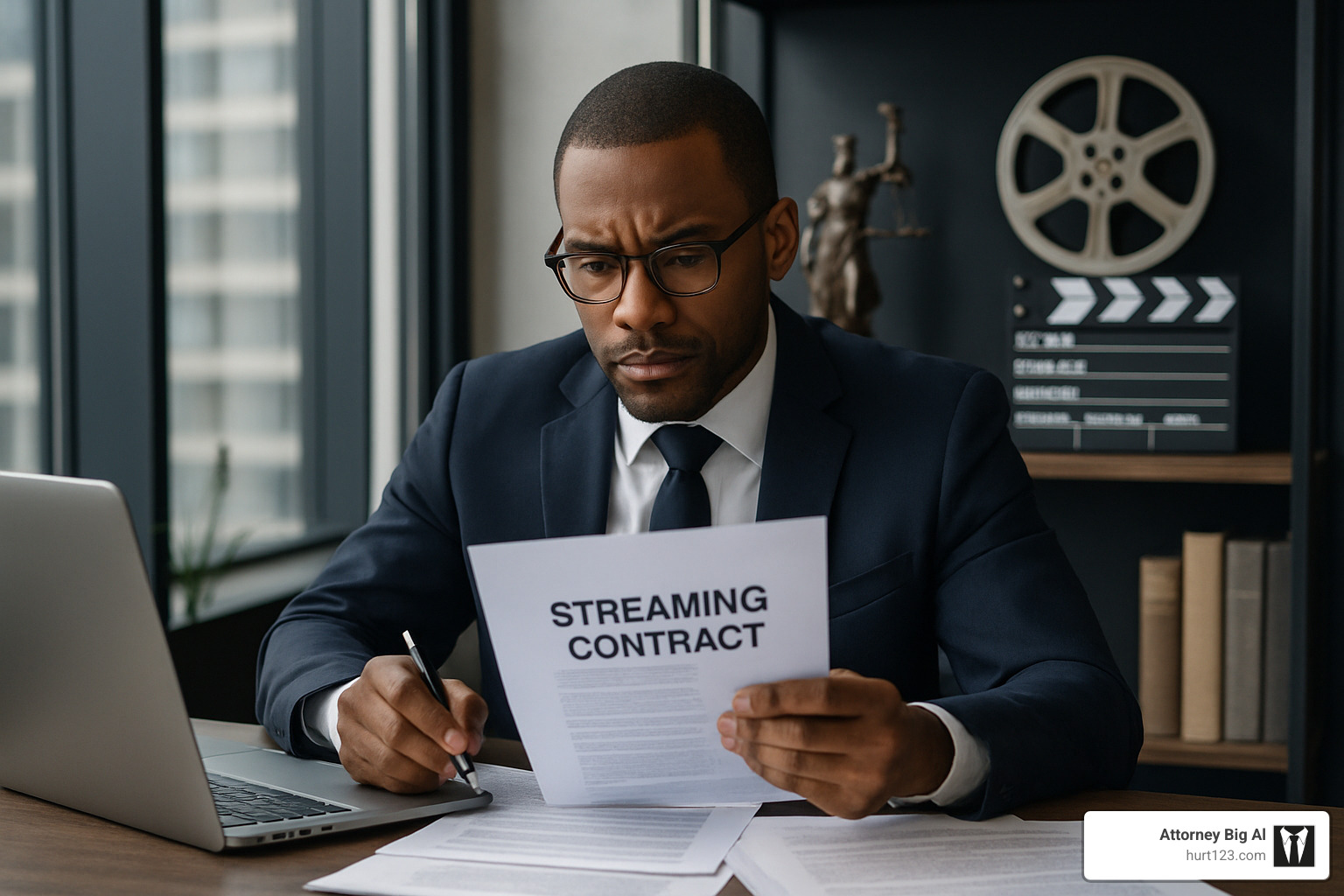 Entertainment attorney reviewing streaming contracts in office - hollywood attorney