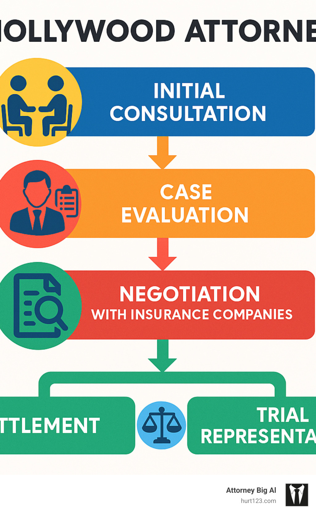 Flowchart showing the process of working with a Hollywood attorney, including initial consultation, case evaluation, evidence gathering, negotiation with insurance companies, and either settlement or trial representation - hollywood attorney infographic