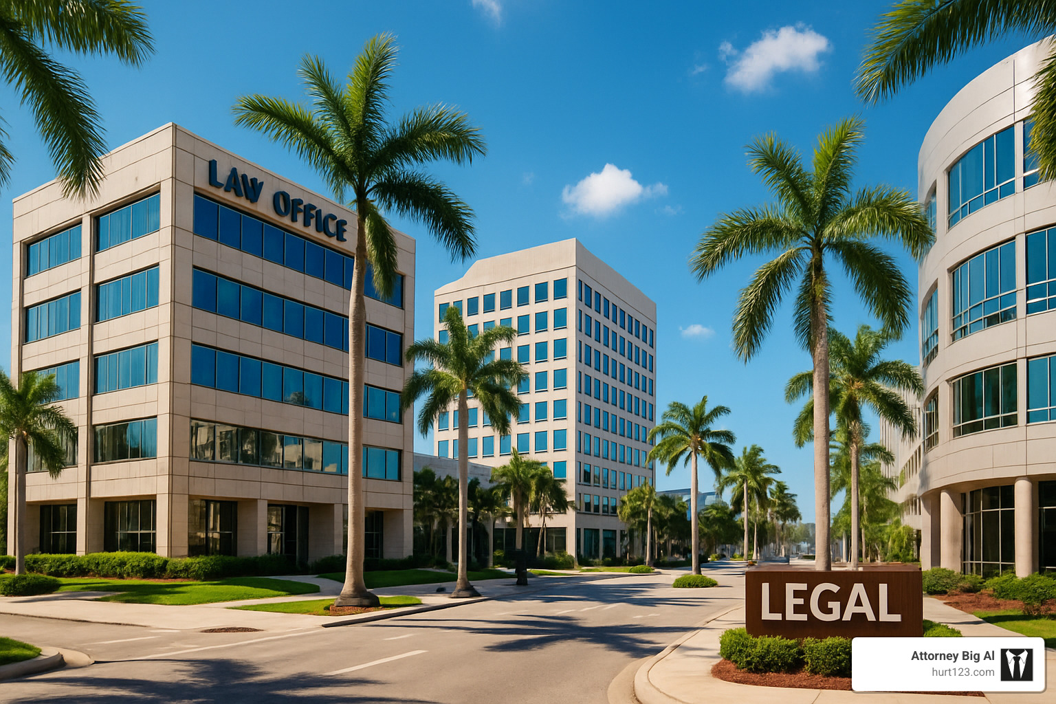 Hollywood Florida legal district with palm trees and law offices - hollywood attorney
