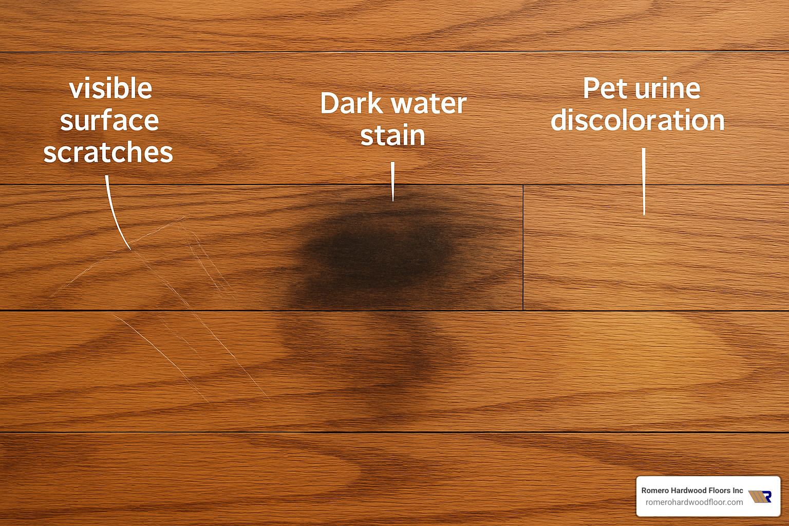Different types of hardwood floor damage including scratches, water damage, and pet stains - Hardwood restoration services