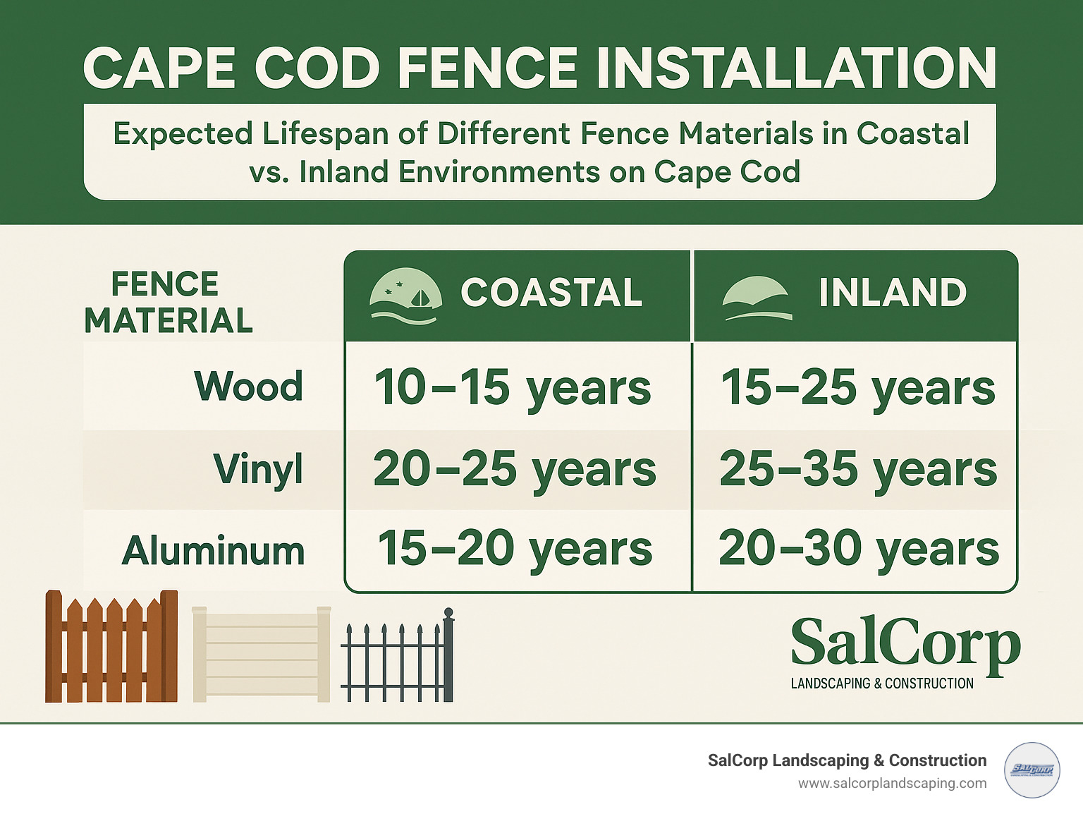 Infographic showing expected lifespan of different fence materials in coastal vs inland environments on Cape Cod - Cape Cod fence installation infographic 