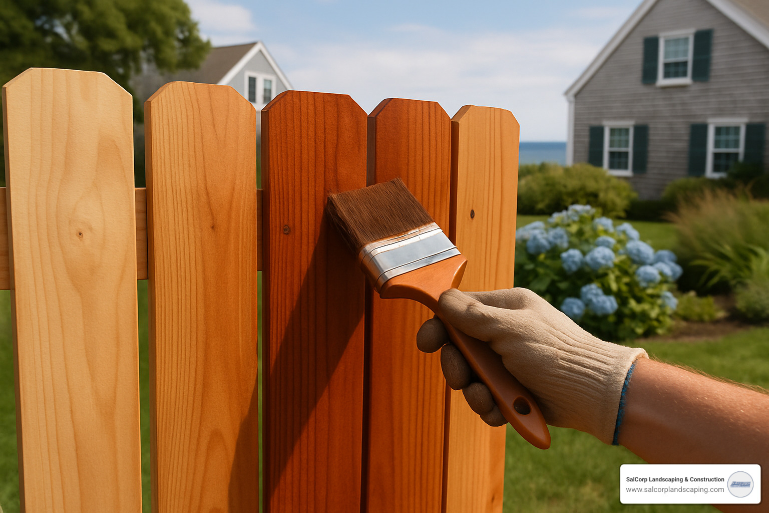 Cedar fence staining process on Cape Cod property - Cape Cod fence installation