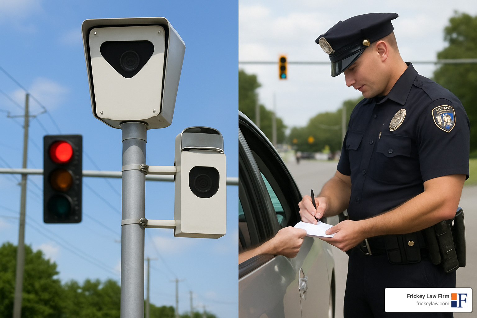Split screen showing red light camera and police officer issuing ticket - how much is a red light ticket