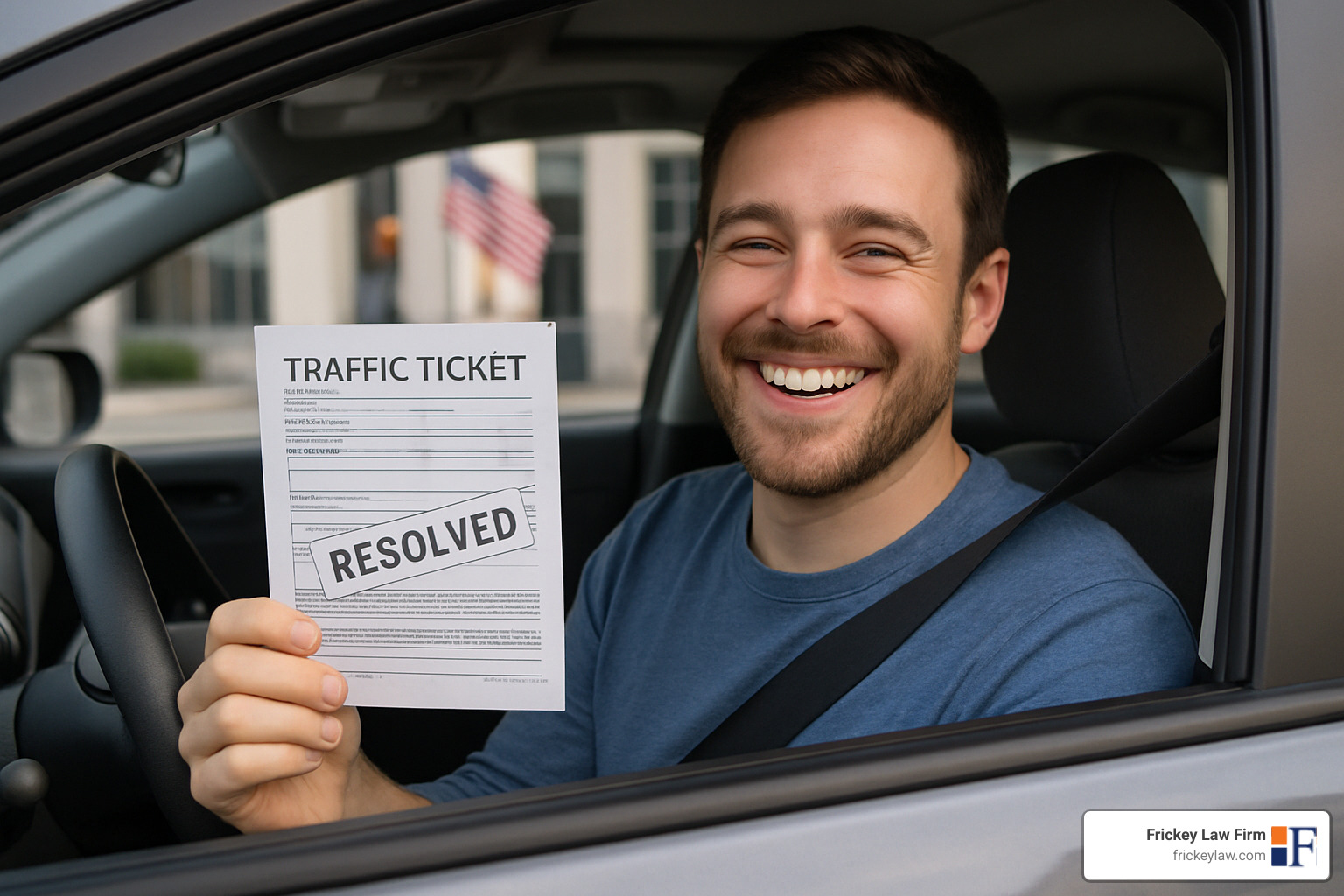 Driver looking relieved after resolving ticket - how much is a red light ticket