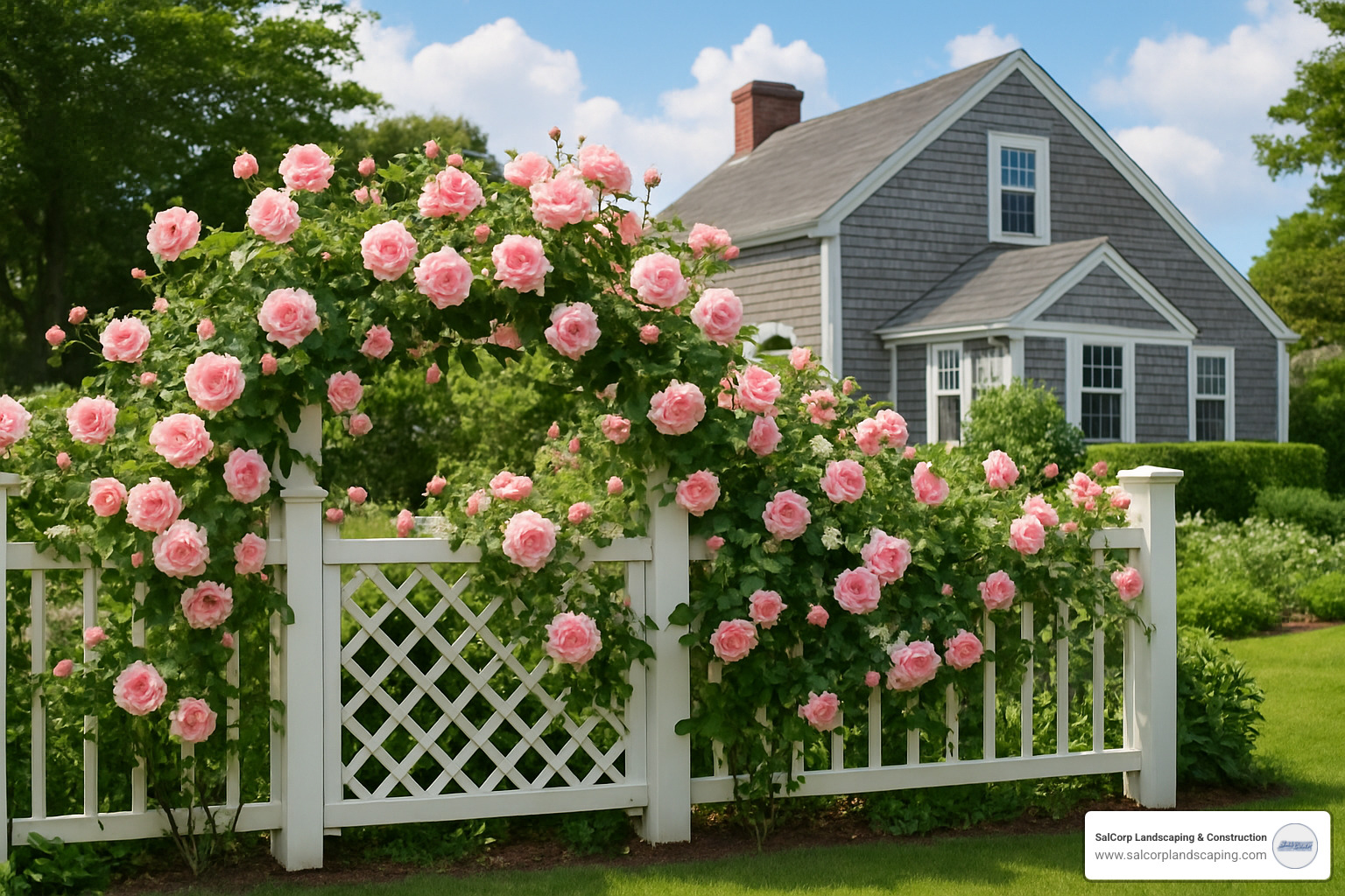Trellis fence with climbing roses on Cape Cod property - Cape Cod fence installation