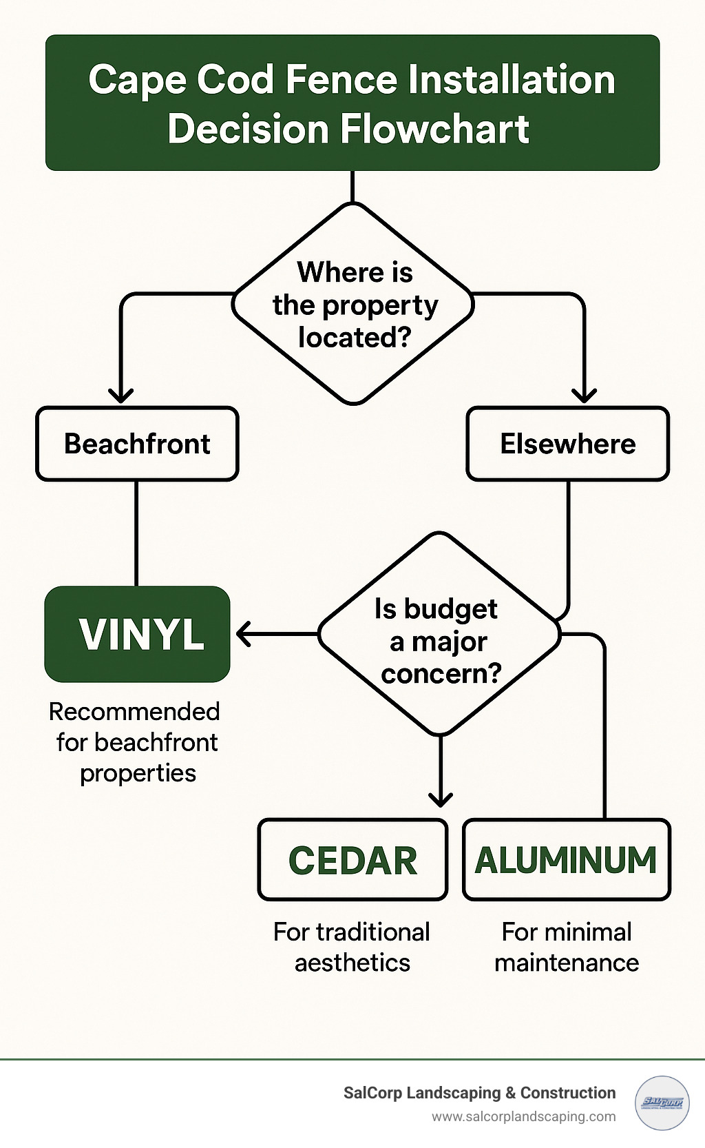 Cape Cod fence installation decision flowchart showing material selection based on location, budget, and maintenance preferences, with vinyl recommended for beachfront properties, cedar for traditional aesthetics, and aluminum for minimal maintenance - Cape Cod fence installation infographic 