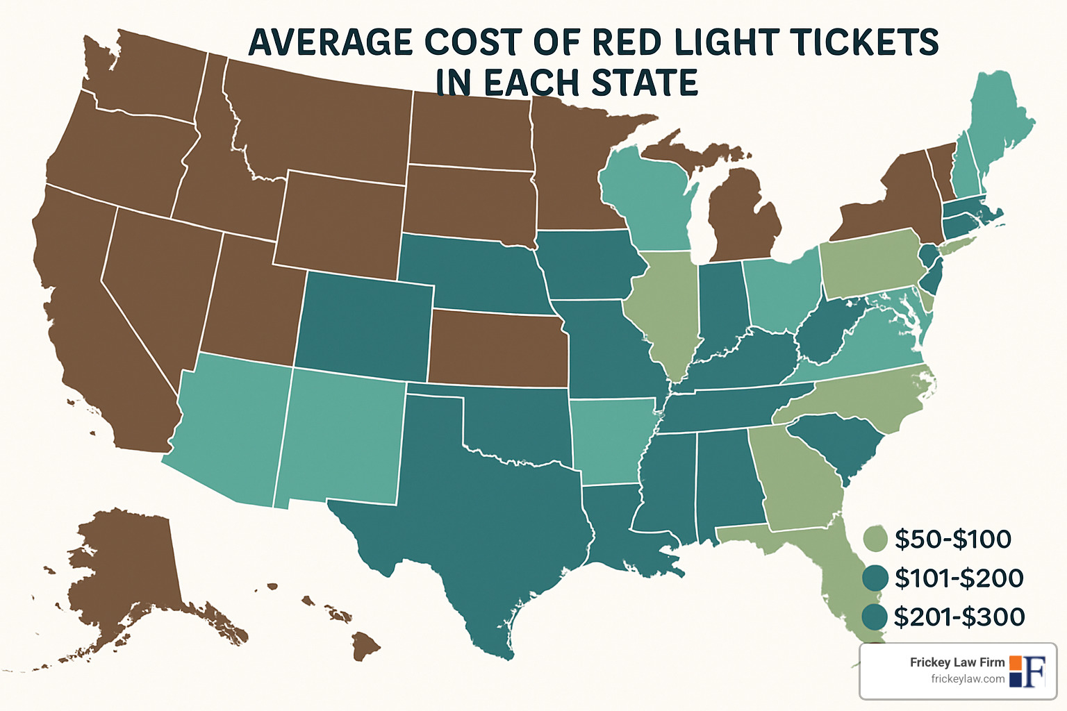 US map showing red light ticket costs by state - how much is a red light ticket