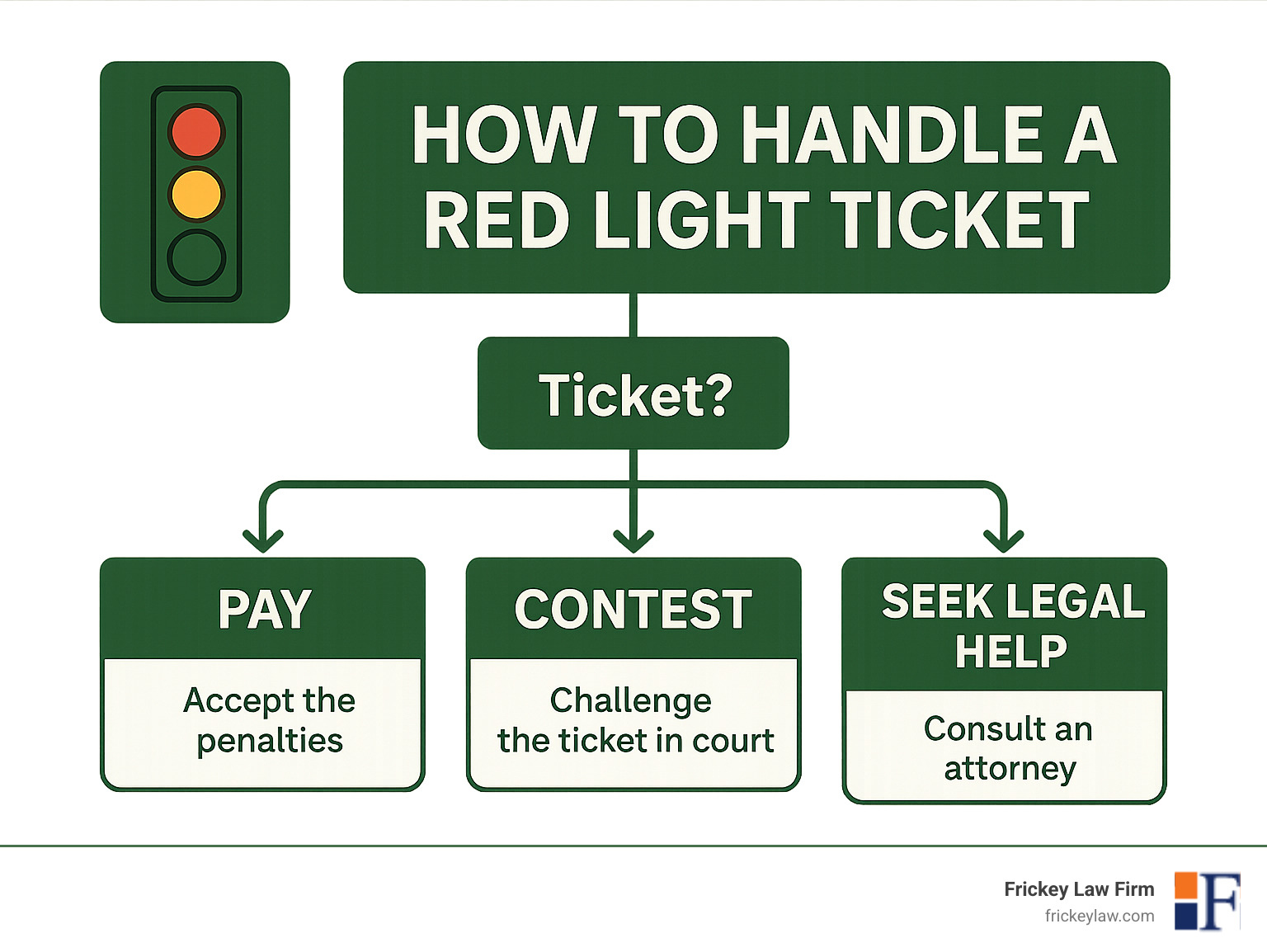 Decision flowchart showing options for handling a red light ticket: pay, contest, or seek legal help - how much is a red light ticket infographic 