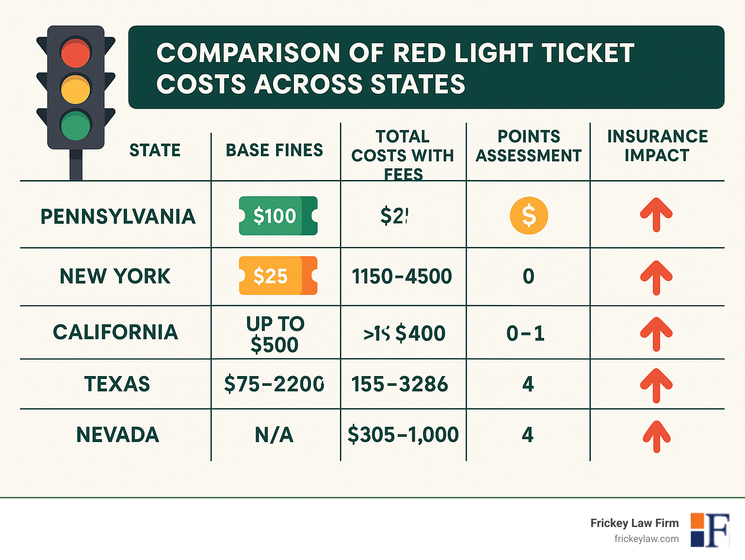 Comparison of red light ticket costs across states showing base fines, total costs with fees, points assessment, and insurance impact for both camera and officer-issued tickets - how much is a red light ticket infographic 