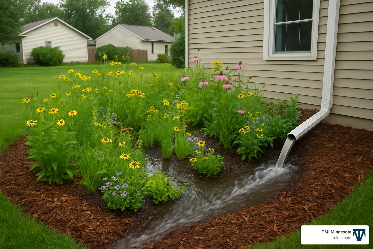 Rain garden with native plants capturing roof runoff - environmentally friendly gardens