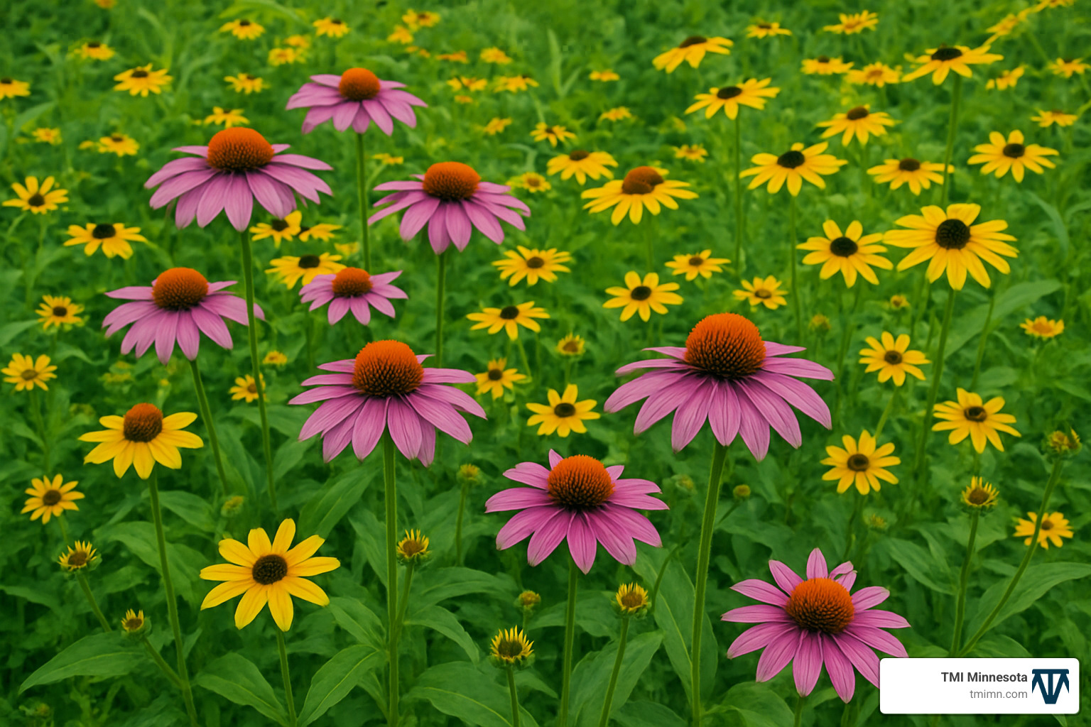 Native wildflower garden with coneflowers and black-eyed susans - environmentally friendly gardens