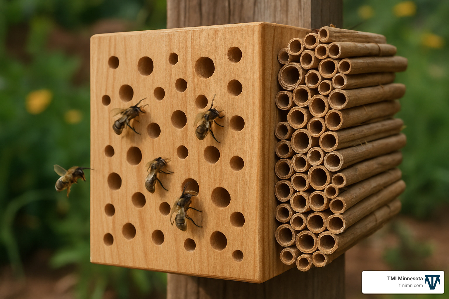 Native bee house made from drilled wood and hollow stems - environmentally friendly gardens