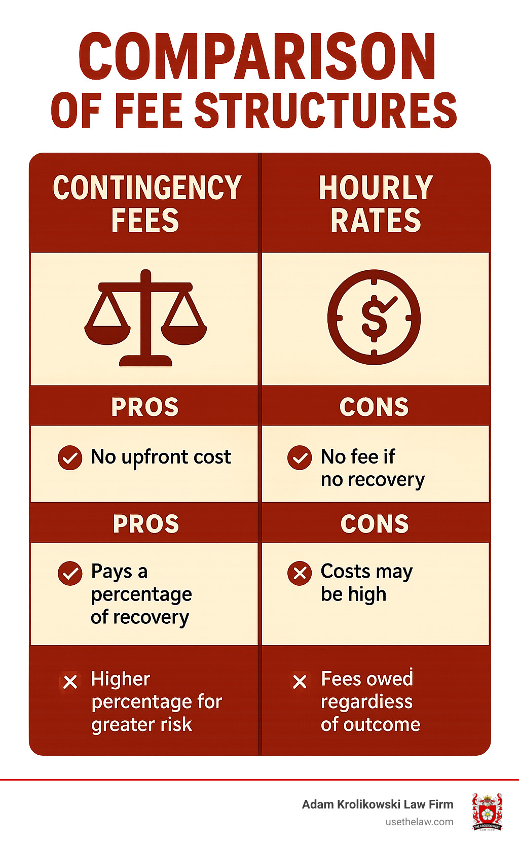 Comparison of fee structures showing contingency fees vs. hourly rates with pros and cons of each approach - Orange County employment law attorney infographic 