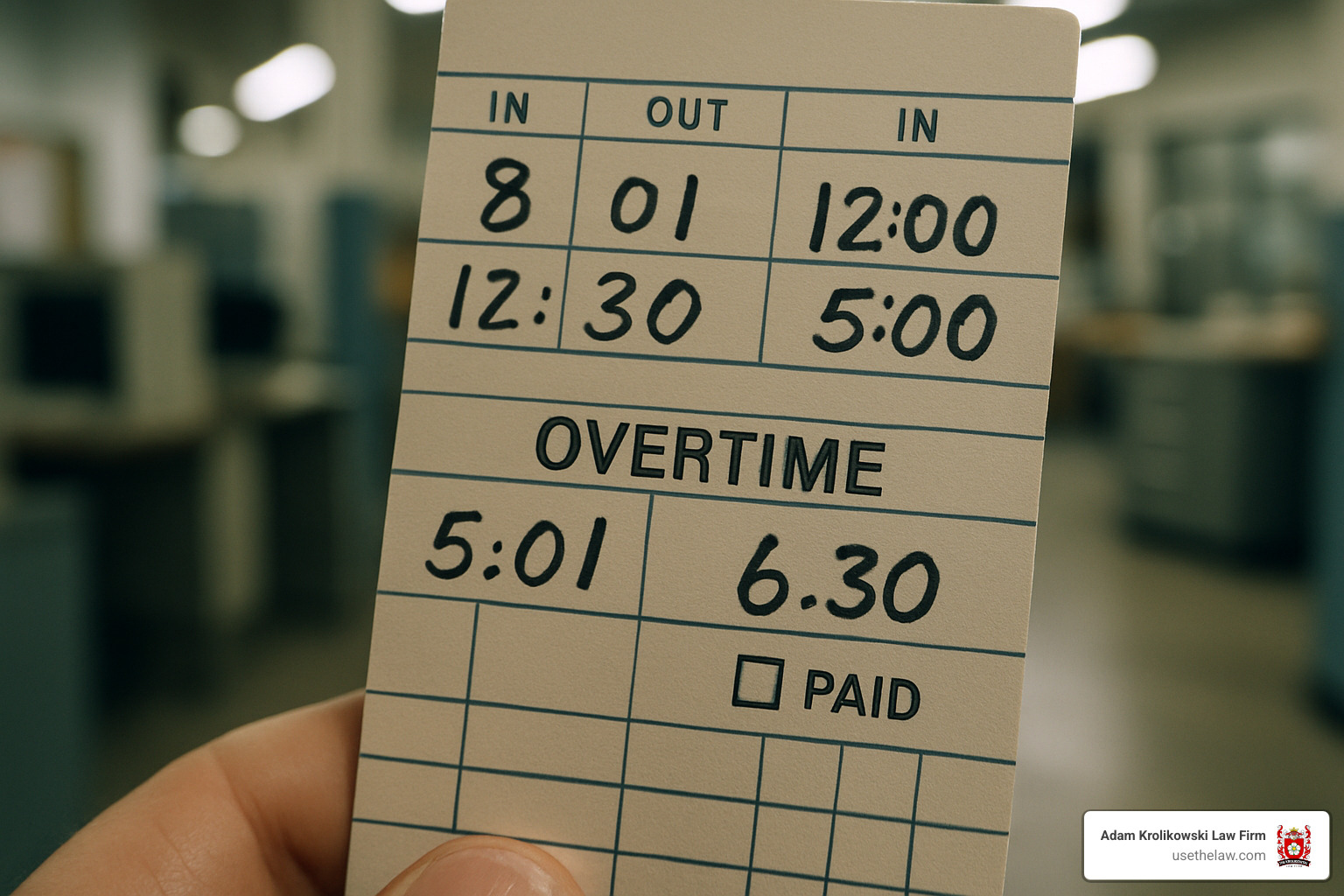 timecard showing unpaid overtime hours - Orange County employment law attorney