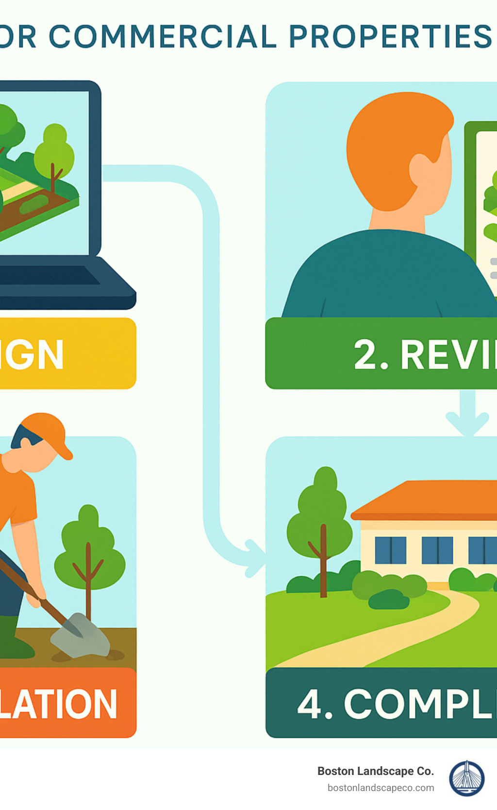 3D landscape design rendering to implementation workflow for commercial properties - Commercial Landscaping Lexington MA infographic