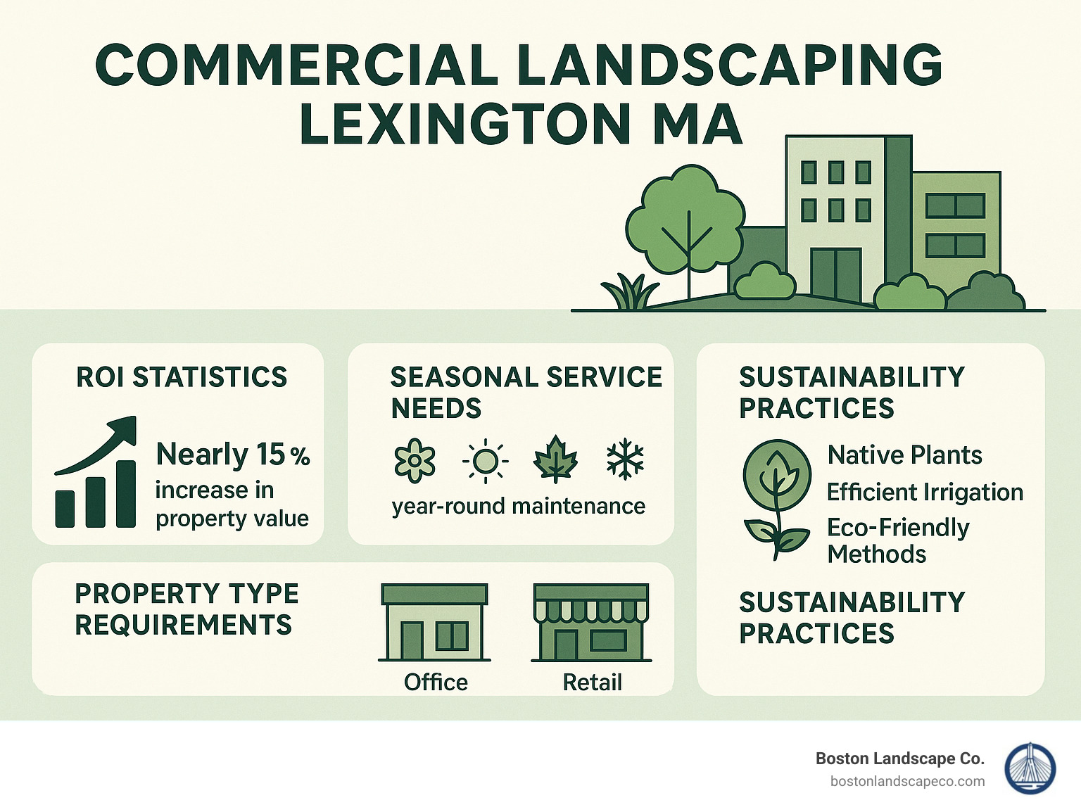 Commercial landscaping benefits showing ROI statistics, seasonal service needs, property type requirements, and sustainability practices for Lexington MA businesses - Commercial Landscaping Lexington MA infographic