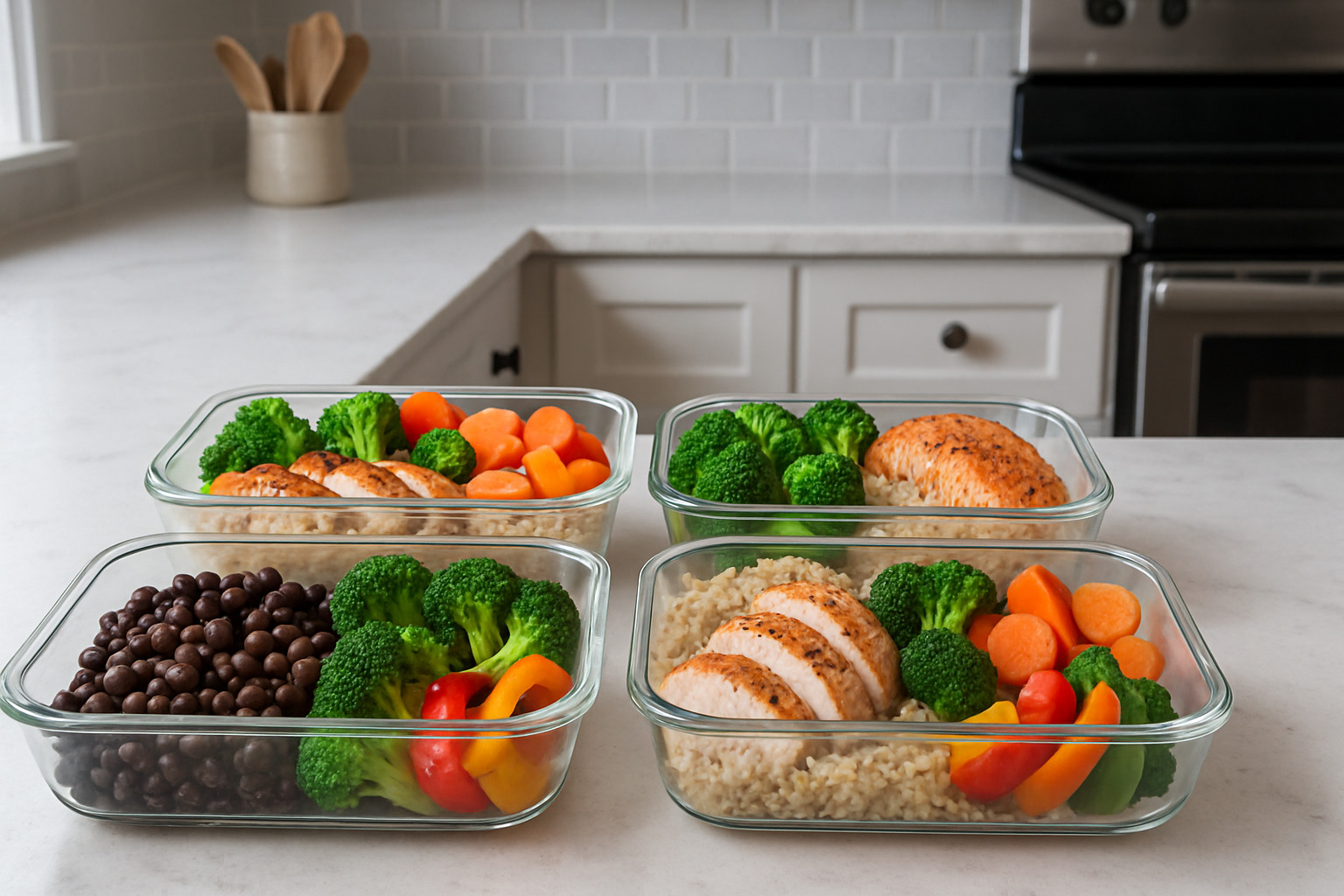 healthy meal prep containers with colorful vegetables, lean proteins and whole grains - wellness lifestyle tips