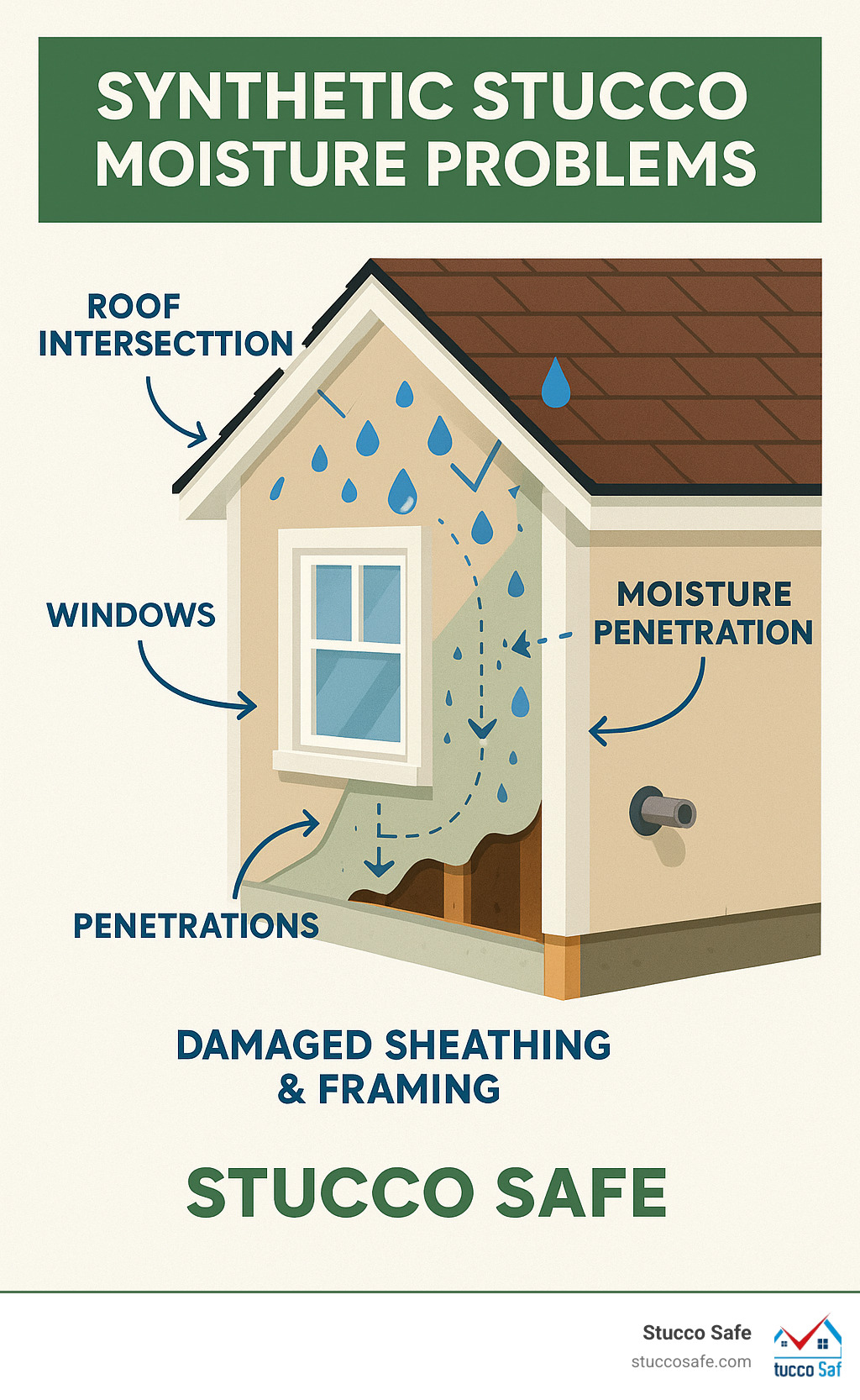 Diagram showing how moisture penetrates and becomes trapped behind synthetic stucco, including entry points at windows, roof intersections, and penetrations, with resulting damage to sheathing and framing - synthetic stucco moisture problems infographic 