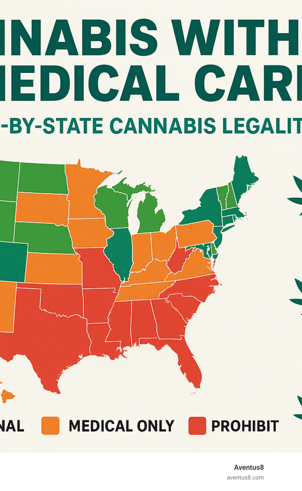 State-by-state cannabis legality map showing recreational, medical-only, and prohibited states with purchase limits and age requirements - Cannabis without medical card infographic 