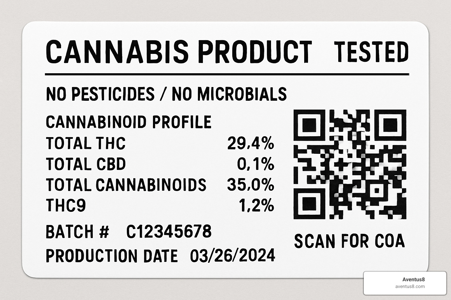 Cannabis product label with testing information and QR code - Cannabis without medical card