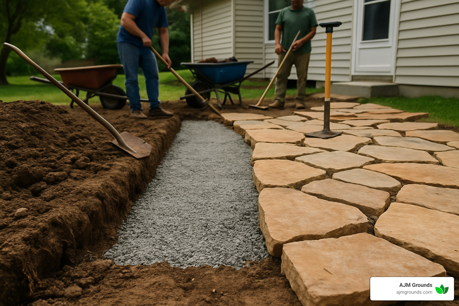 Excavation and base preparation for flagstone walkway - dry laid flagstone walkway