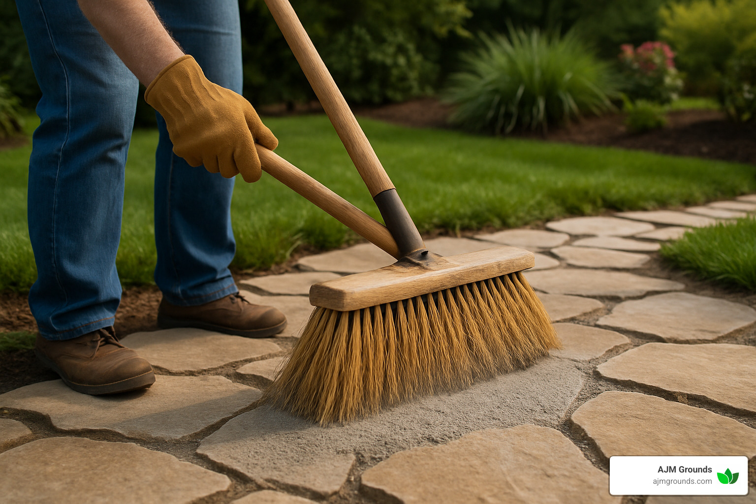 Maintaining a flagstone walkway by adding joint material - dry laid flagstone walkway