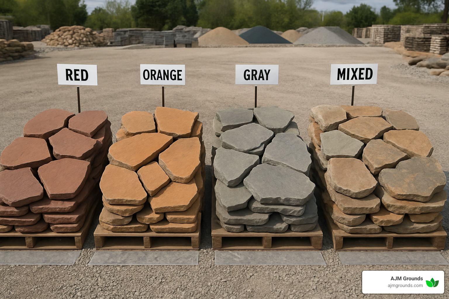 Various flagstone types and colors on display at stone yard - dry laid flagstone walkway
