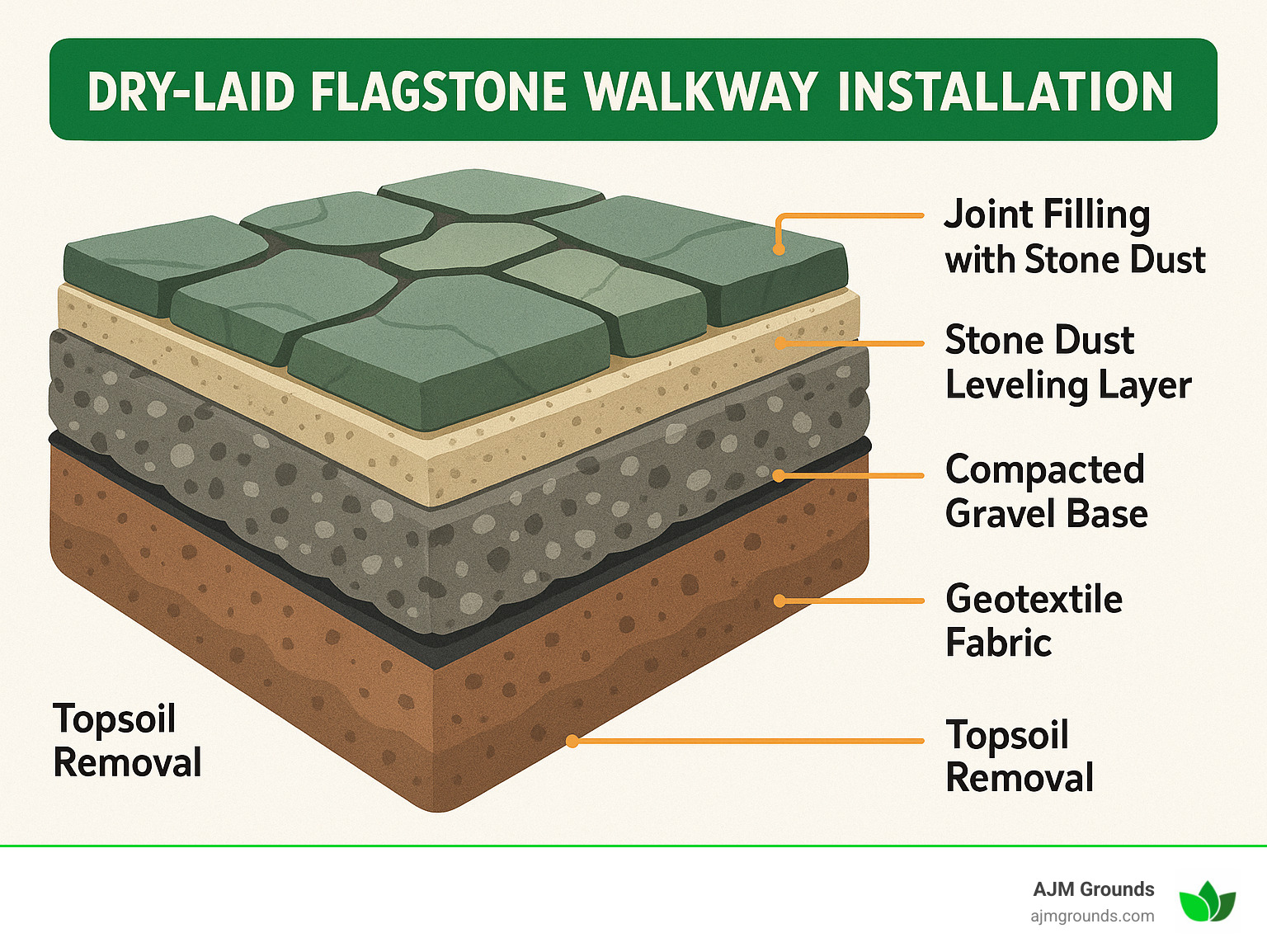 Diagram showing the layers of a dry laid flagstone walkway installation including: topsoil removal, geotextile fabric, compacted gravel base, stone dust leveling layer, flagstone placement, and joint filling with stone dust - dry laid flagstone walkway infographic 