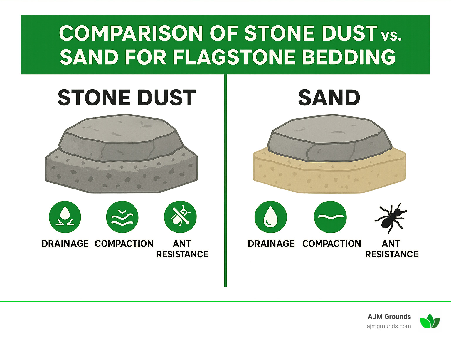 Comparison of stone dust vs sand for flagstone bedding showing drainage properties, compaction stability, and ant resistance - dry laid flagstone walkway infographic 