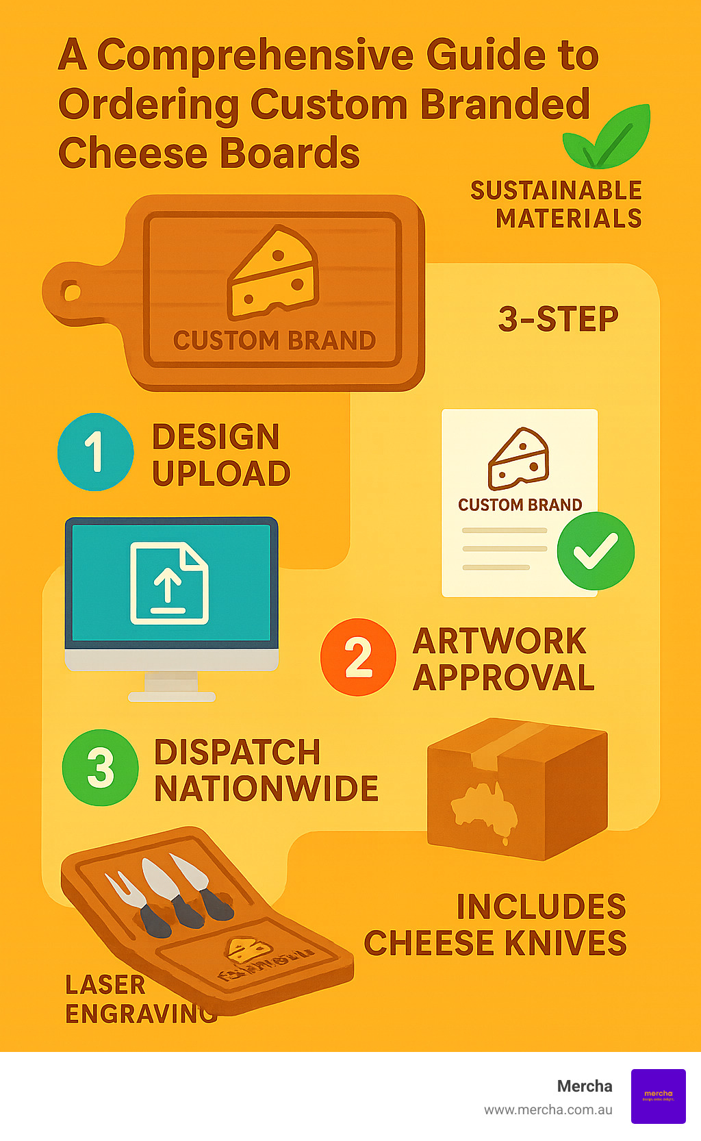Comprehensive guide showing the 3-step online ordering process for custom branded cheese boards, from design upload and artwork approval to nationwide dispatch, highlighting sustainable materials, laser engraving options, and included accessories like cheese knives - Custom Branded Cheese Boards infographic 