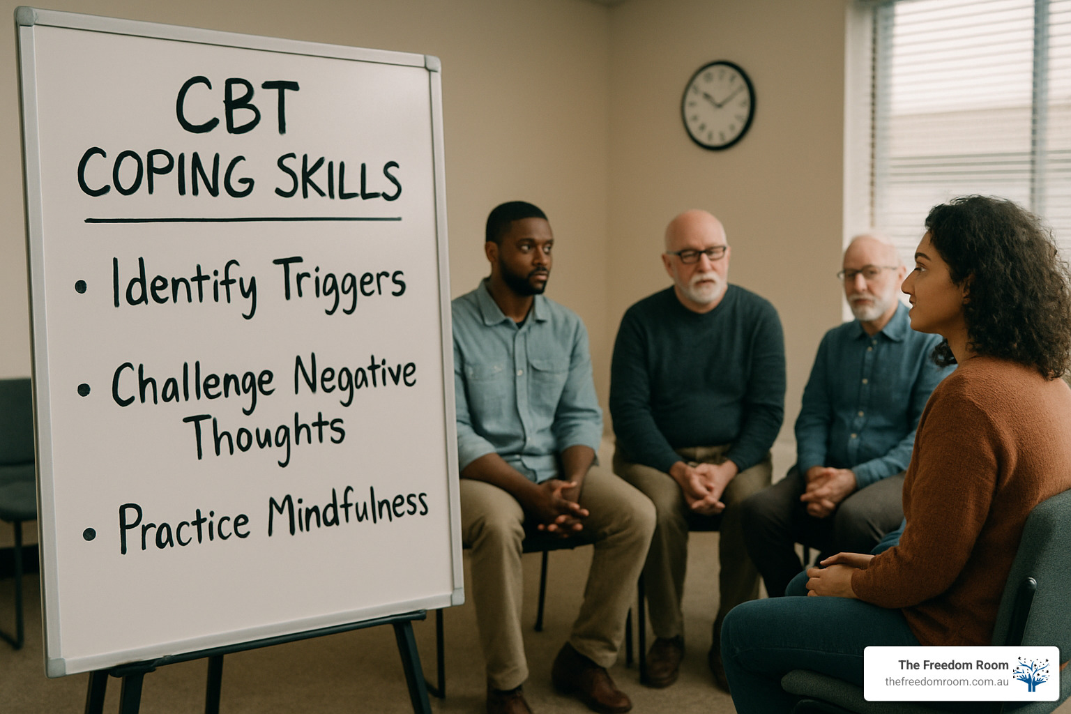 whiteboard with CBT coping skills - group therapy addiction recovery