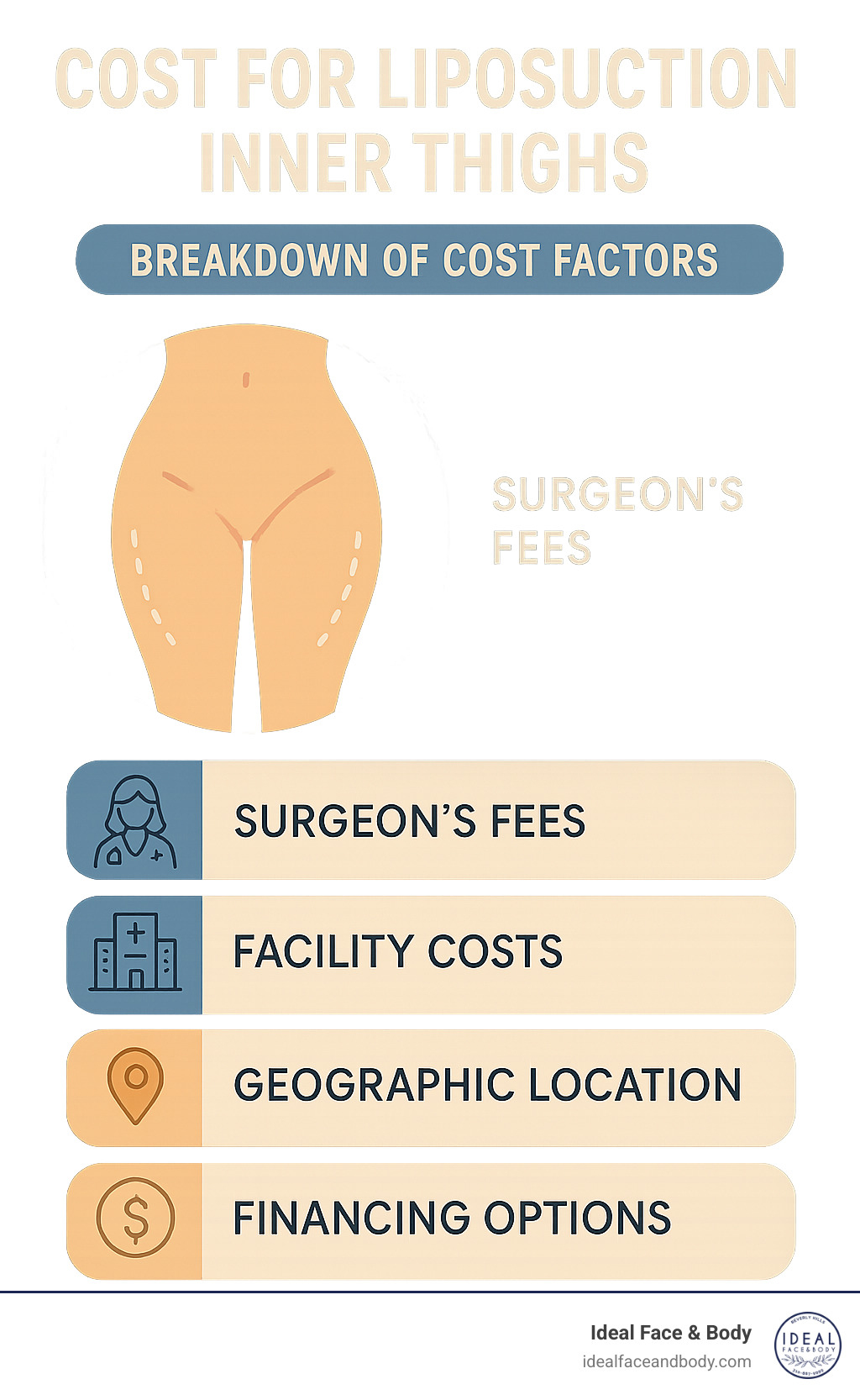 Detailed breakdown of inner thigh liposuction cost factors including surgeon fees, facility costs, geographic location, and financing options - cost for liposuction inner thighs infographic 