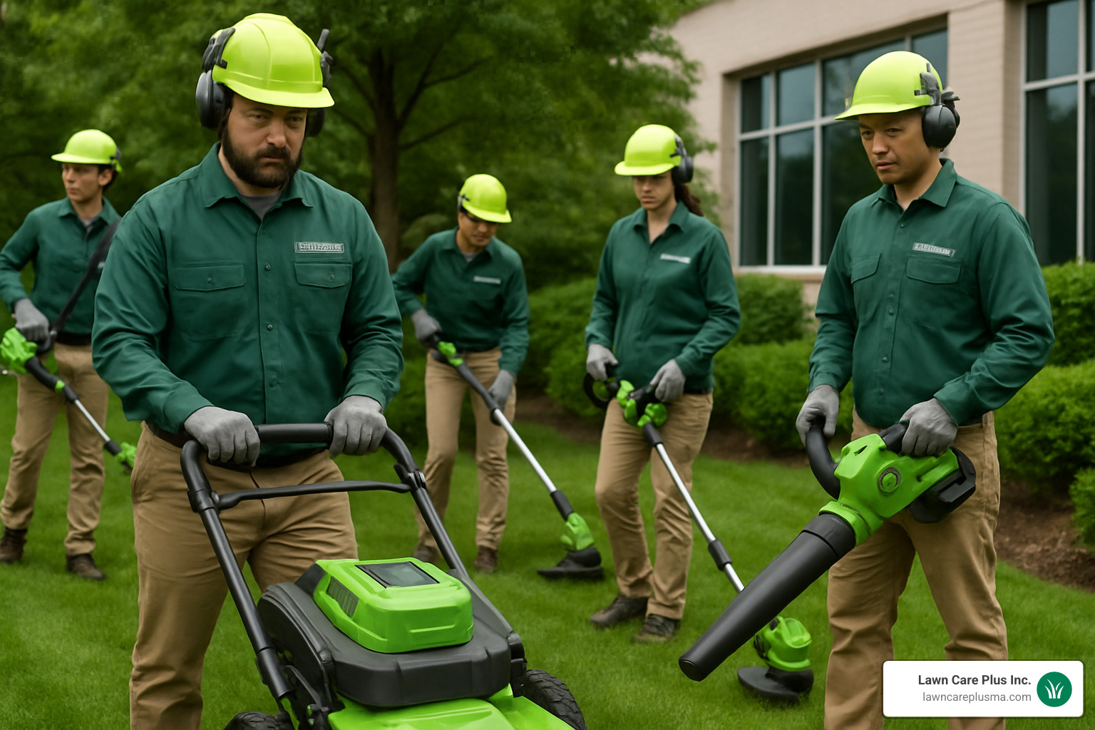 crew using electric landscaping equipment - commercial landscaping companies