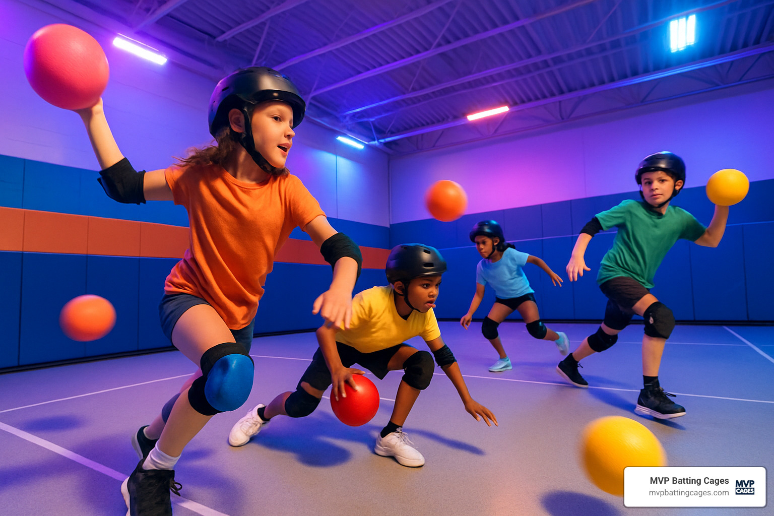 Kids playing dodgeball in an indoor sports facility with colorful lighting and safety equipment - sports birthday parties near me