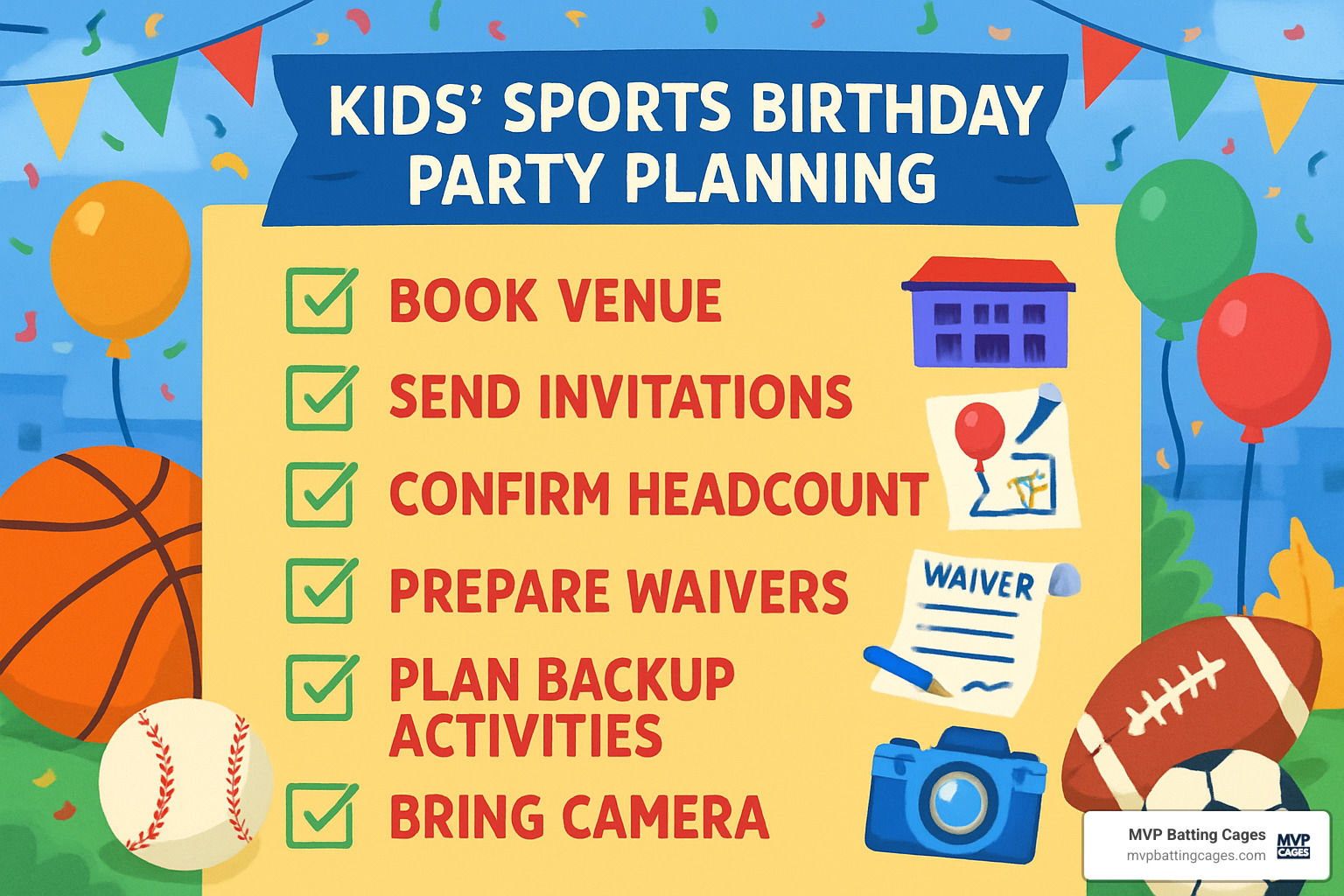Checklist showing party planning essentials: book venue, send invitations, confirm headcount, prepare waivers, plan backup activities, and bring camera - sports birthday parties near me