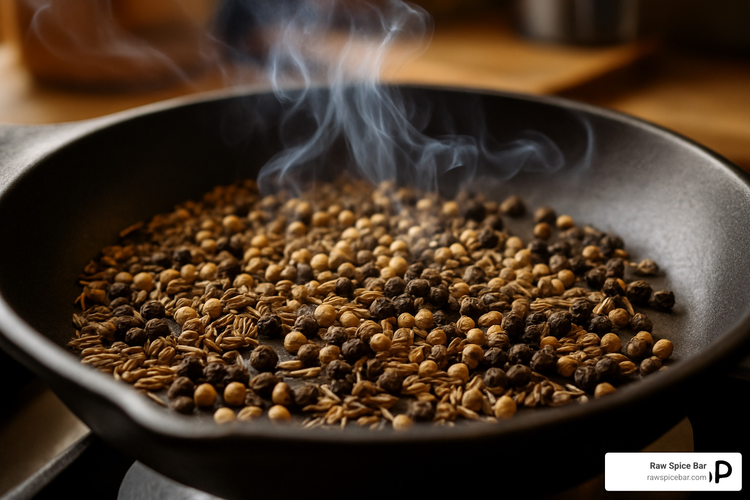 Toasting whole spices in a dry skillet with aromatic steam rising - cook with spices