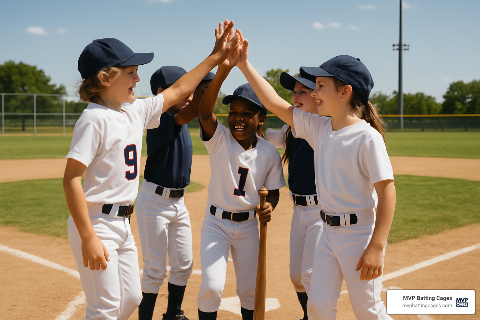 Kids giving high-fives at home plate after a successful batting practice session - sports birthday parties near me