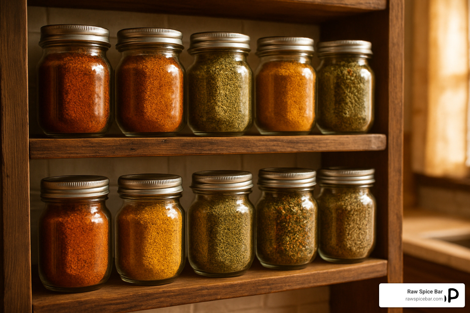 Mason jars filled with colorful homemade spice blends arranged on wooden shelves - cook with spices