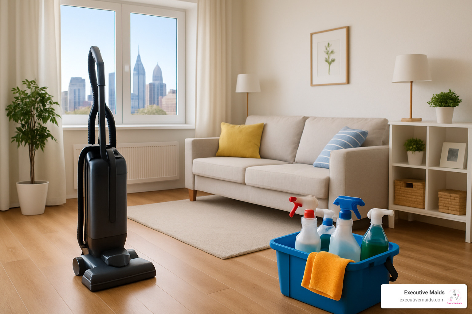 Clean, organized home with professional cleaning supplies and equipment ready for service - same day maid service philadelphia