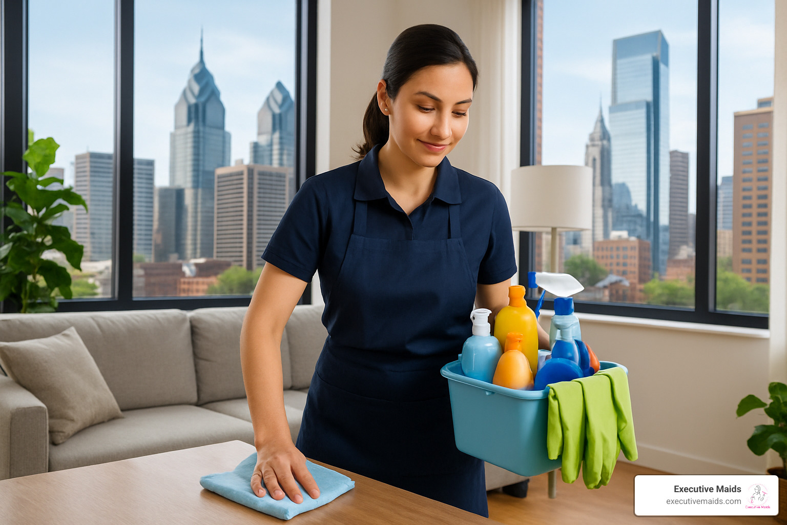 Professional cleaner with supplies working efficiently in a Philadelphia home - same day maid service philadelphia