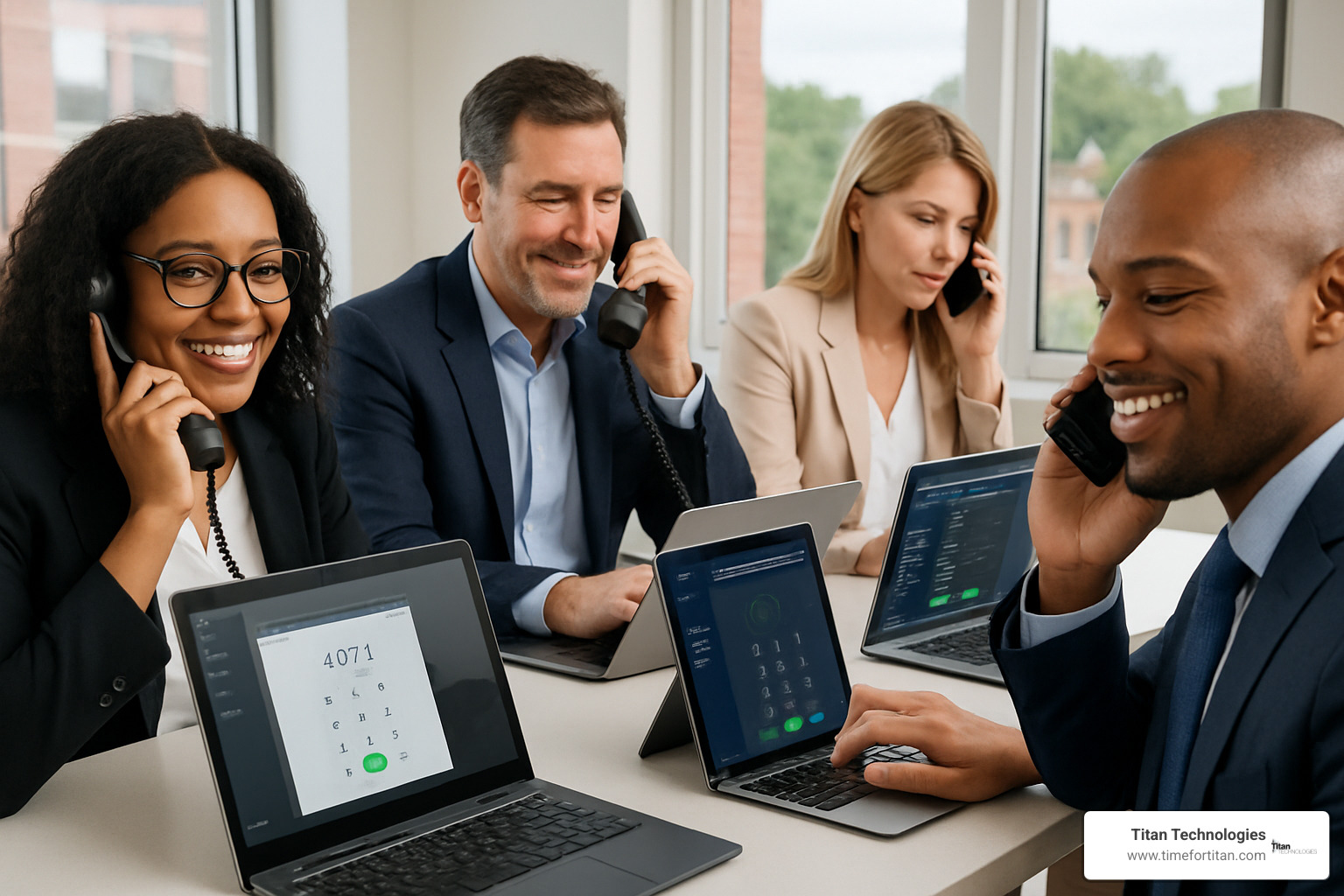 Modern business team using various phone system features - business phone service nj
