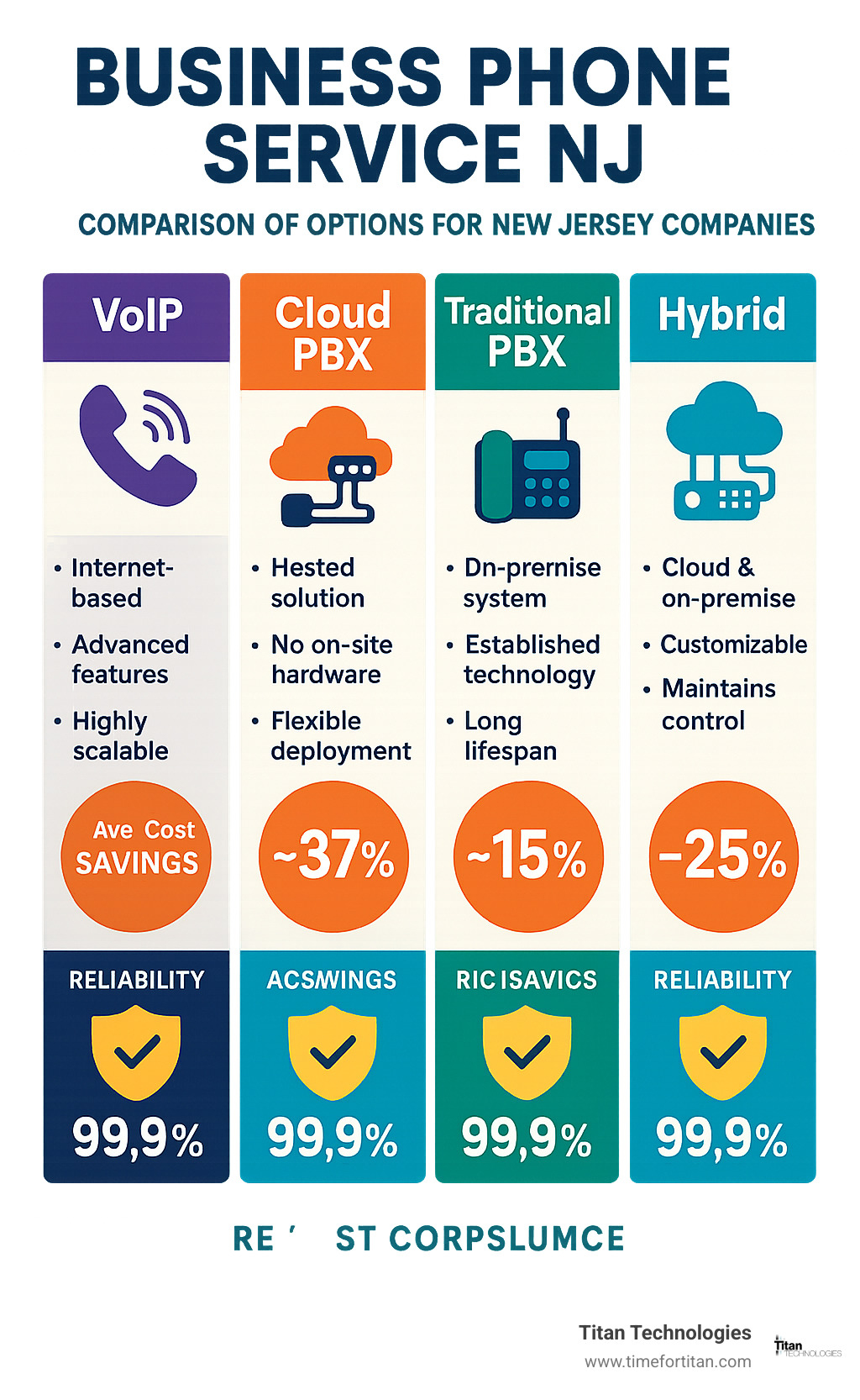 Comprehensive comparison of business phone service options available to New Jersey companies, showing VoIP, cloud PBX, traditional PBX, and hybrid systems with their key features, average cost savings percentages, and reliability metrics - business phone service nj infographic 